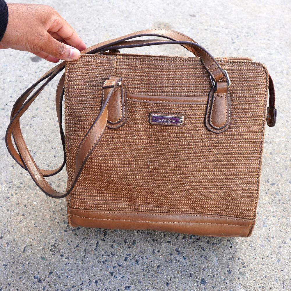 Vintage Liz Claiborne Y2K Woven Brown Gold Shimmer Shoulder Bag Organizer Tote